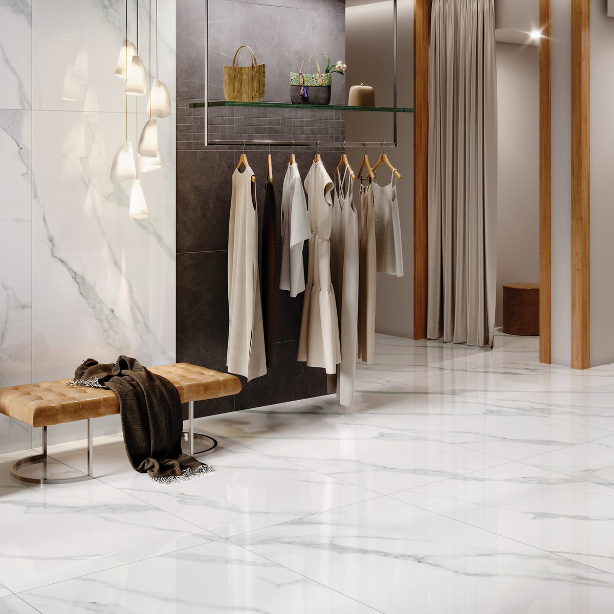 David Grey porcelain tile installed in an interior
