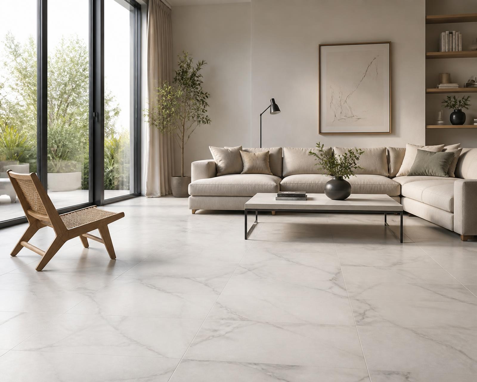 Modern living room with large-format marble-look porcelain floor tiles