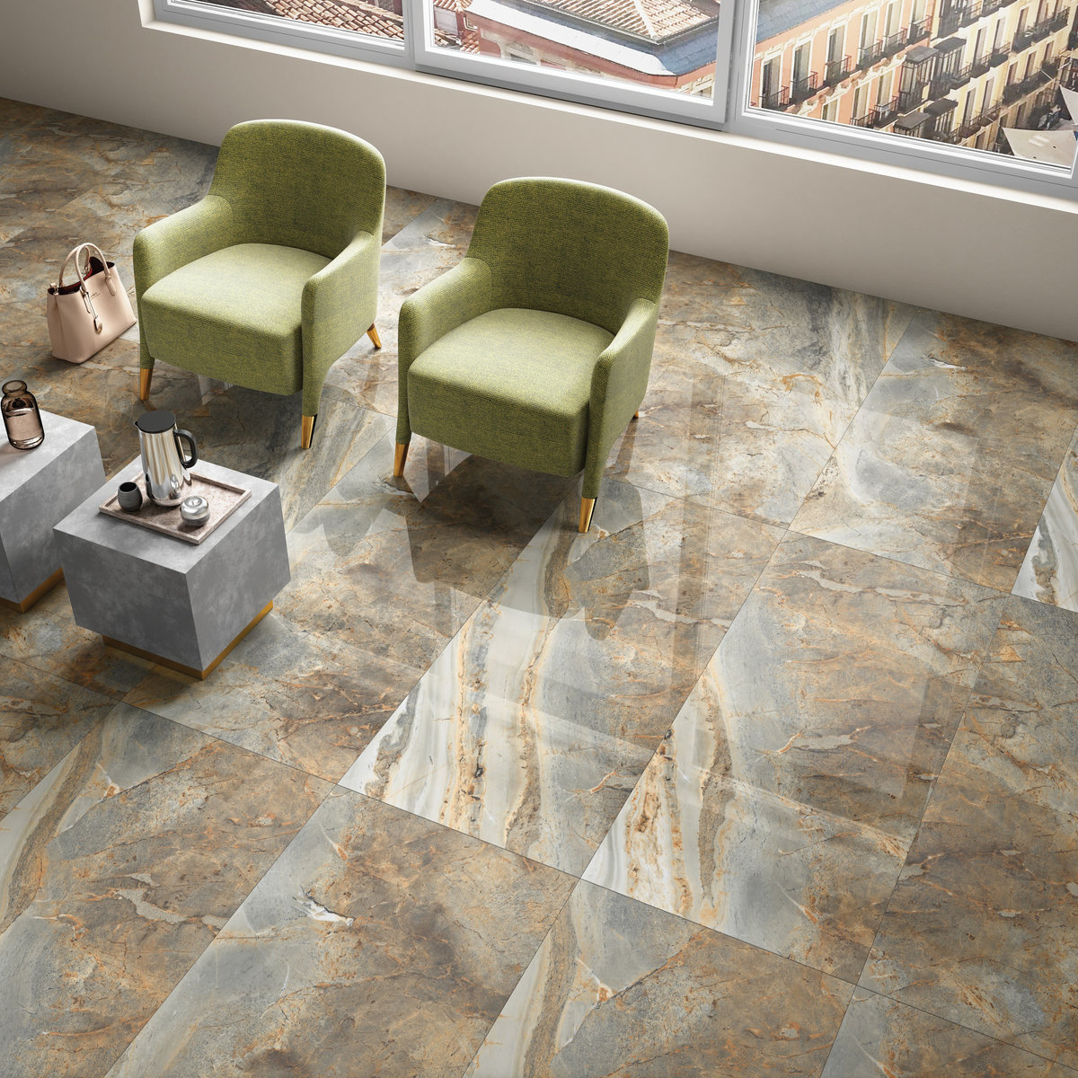 Omicron Brown porcelain tile installed in an interior
