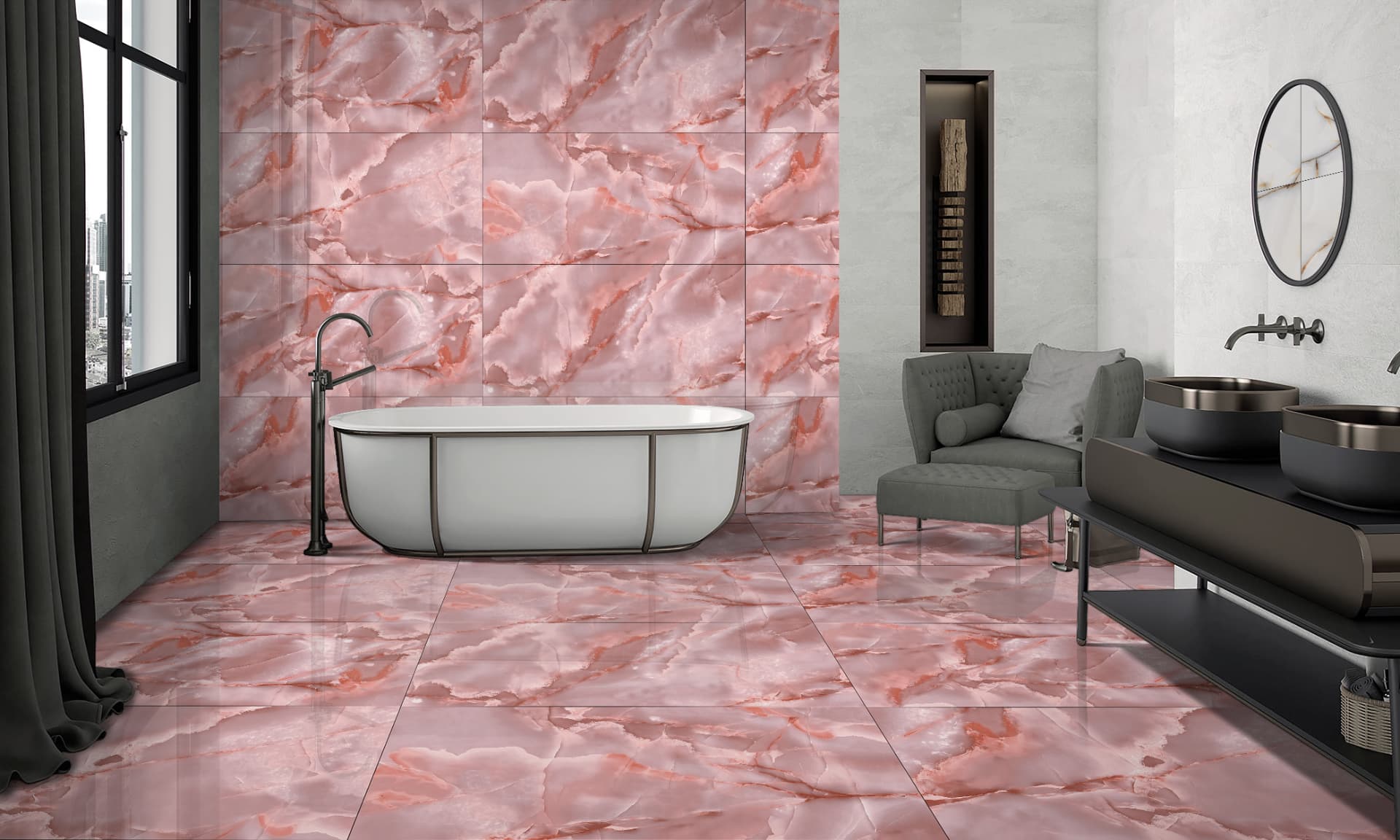 Onix Pink porcelain tile installed in an interior