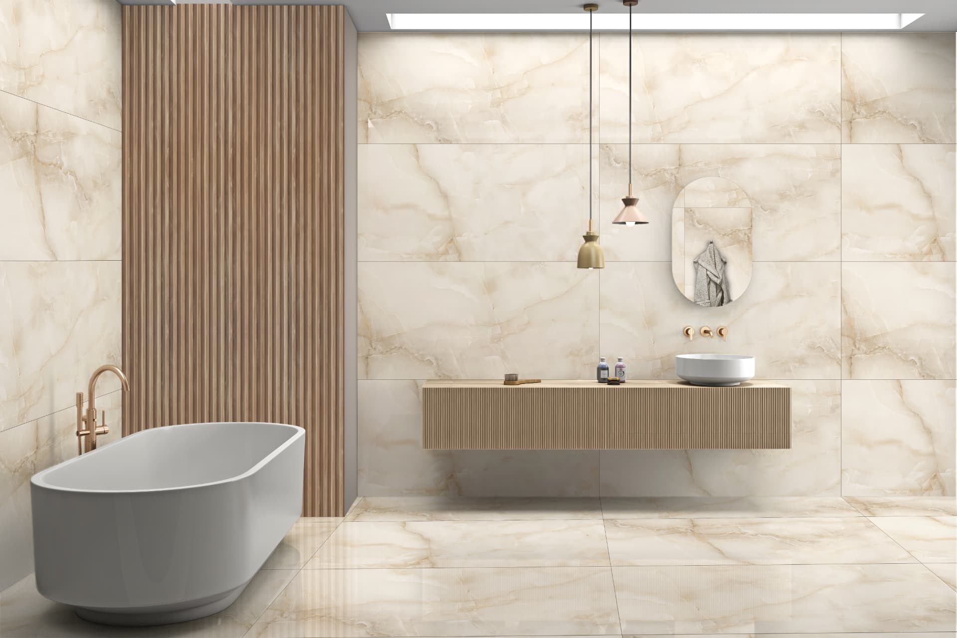 Onix Pearl porcelain tile installed in an interior