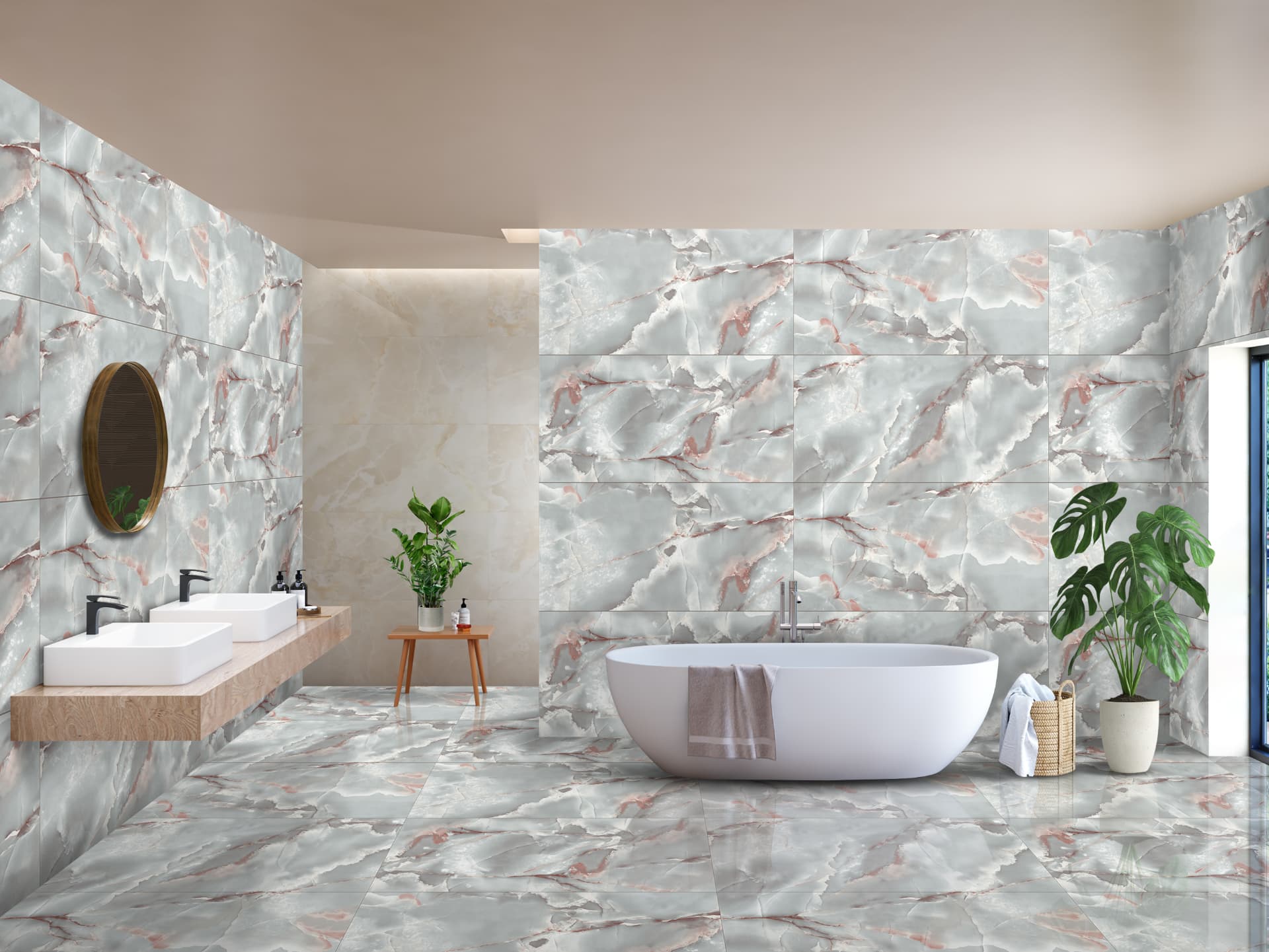 Onix Turquoise porcelain tile installed in an interior