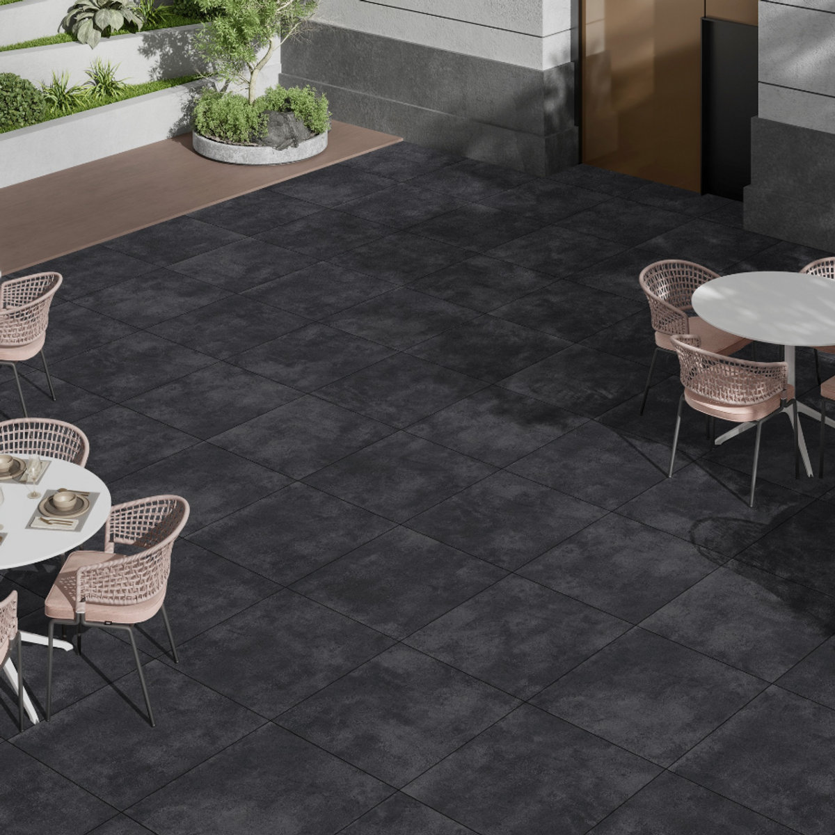 Raw Charcoal Black porcelain tile installed in an interior