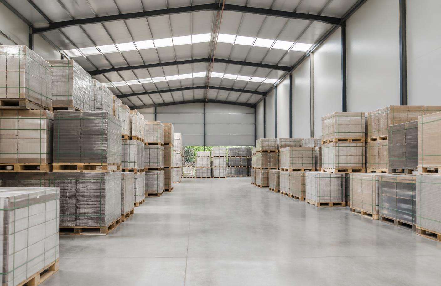 Destiny Tiles warehouse in Bockhorn, Bavaria with pallets of porcelain tiles